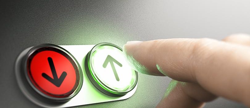 Fons Next Generation Man pressing a green button with an arrow on a simple board. Composite image between a hand photography and a 3D background.
