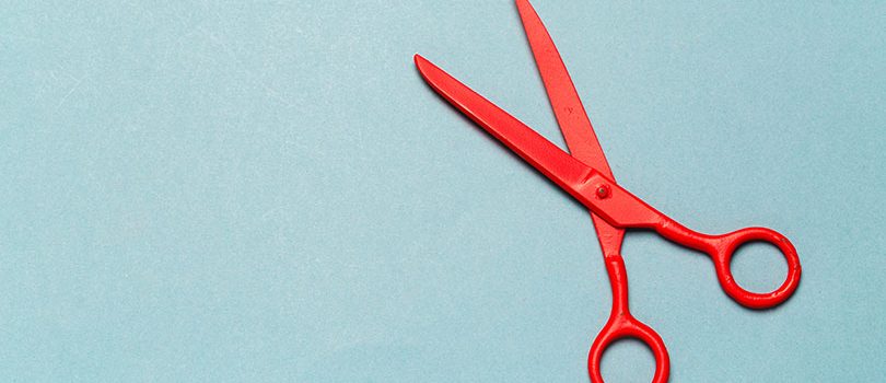 Red scissors on light blue background close up